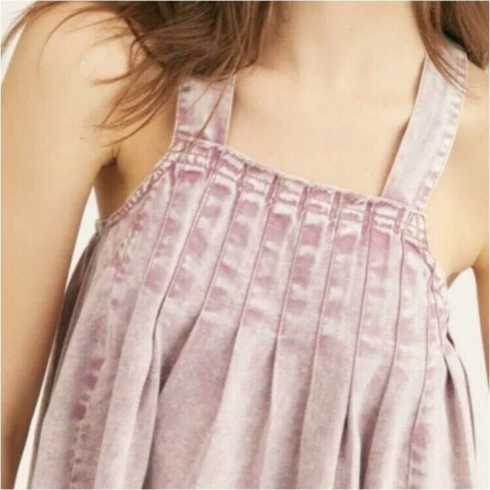 Free People Denim BabyDoll Crop Top NWT Medium $88 Fringe Faded Pink Cross Back